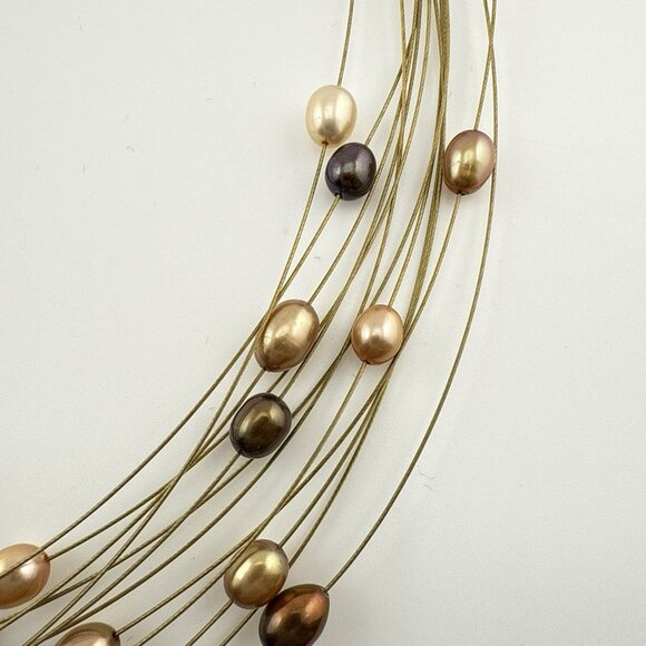 Honora Pearl Necklace Illusion Wire Gold Tone Peach Brown Oval Multi Strand Box - Picture 6 of 14
